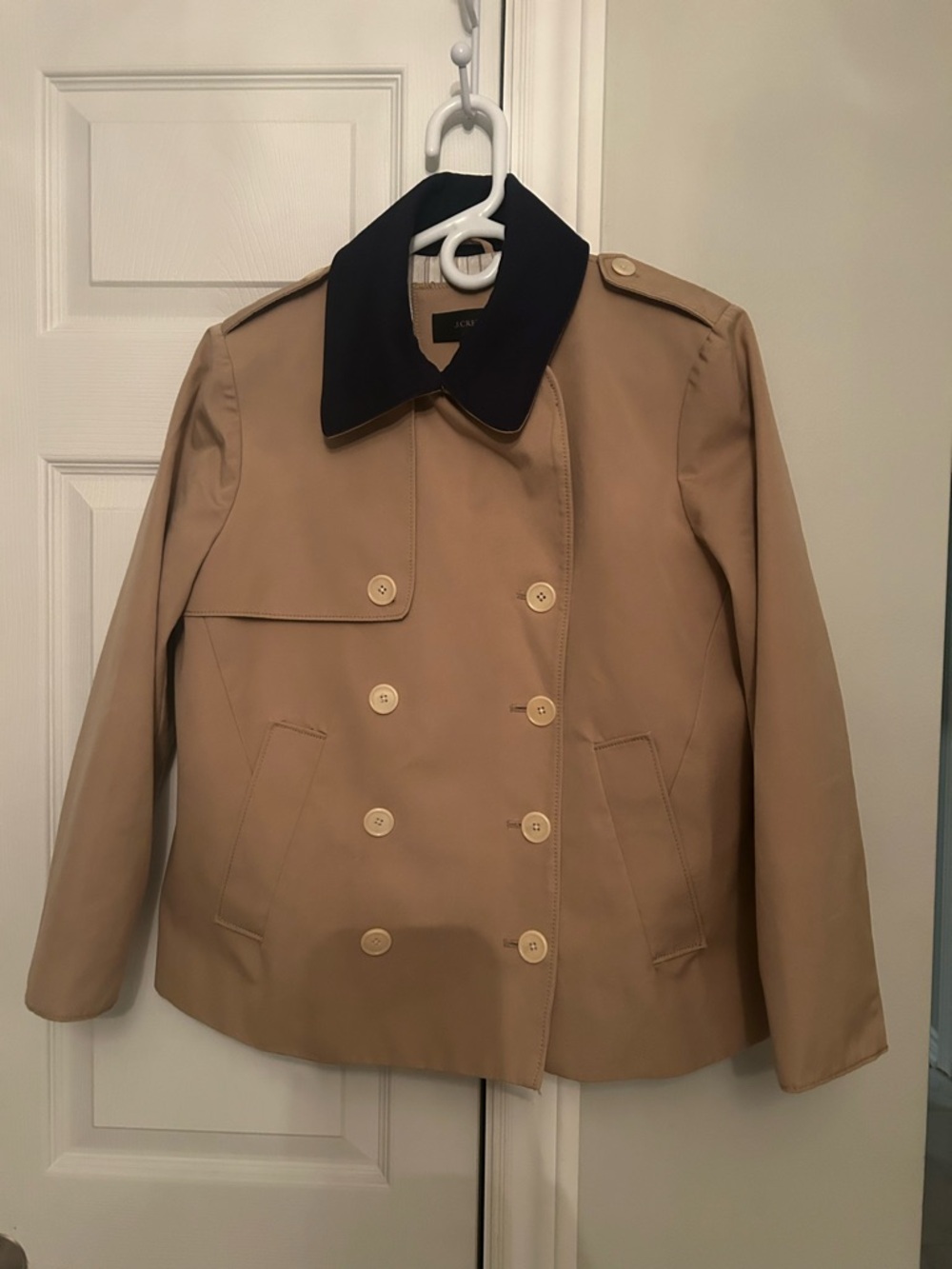 J. Crew cropped Double-Breasted Trench Coat in Khaki with navy Collar